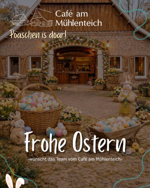 Frohe Ostern 🐰🌷☀️

Wir wünschen euch ein tolles Osterfest! 😊

Hier unsere Öffnungszeiten an Ostern:

Karfreitag:
09:30 - 18:00 Uhr

Samstag:
Geschlossene Gesellschaft (Geschlossen!)

Oster Sonntag:
09:30 - 14:00 Uhr

Oster Montag:
09:30 - 14 Uhr

Liebe Grüße,
Das Team vom Café am Mühlenteich 🍽️

#ostern #osternstehtvordertür  #wilsum  #mühlenteich #cafè #feiertag #cafeammühlenteichwilsum