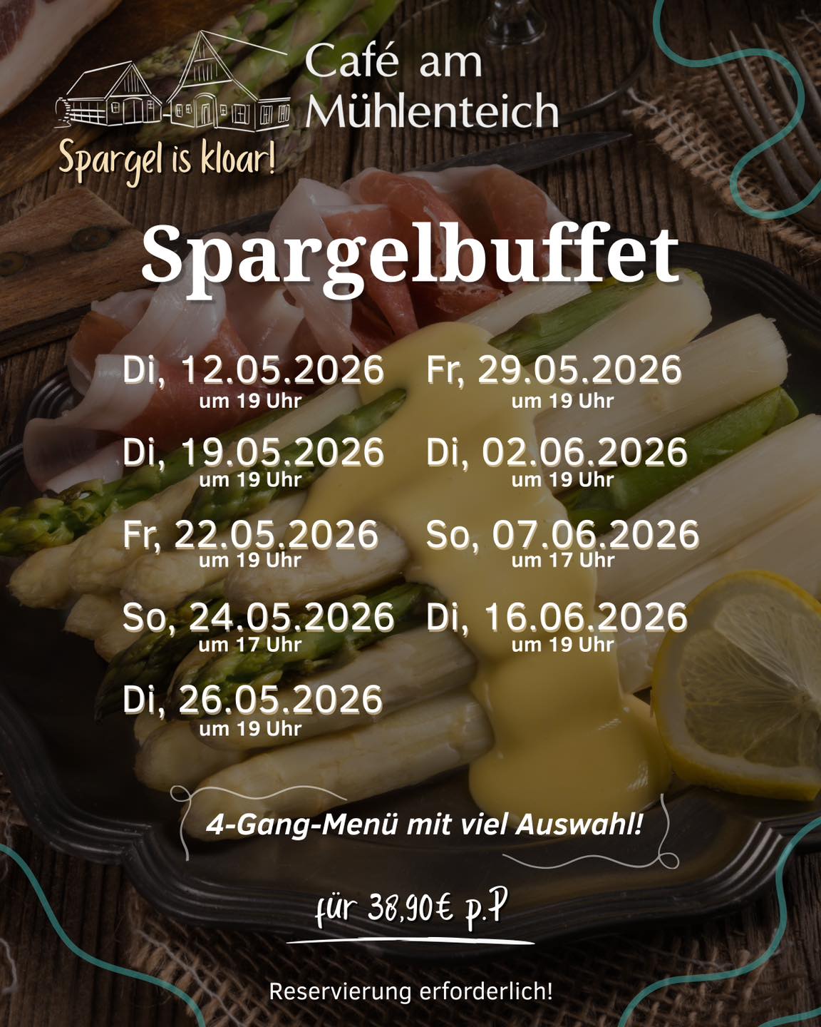 Die Spargelzeit geht wieder los 🥳

Freut euch auf unser köstliches Spargelbuffet mit einem abwechslungsreichen 4-Gang-Menü. Frisch, saisonal und mit viel Liebe zubereitet 😄

Sichert euch euren Platz und erlebt einen genussvollen Abend in gemütlicher Atmosphäre! ✨

📅 Termine im Mai & Juni
💶 38,90 € p.P.
📞 Reservierung erforderlich

Wir freuen uns auf euch! 😊

Liebe Grüße,
Das Team vom Café am Mühlenteich 🍽️

#cafeammühlenteichwilsum #wilsum #spargel #spargelzeit #leckeressen #genießen