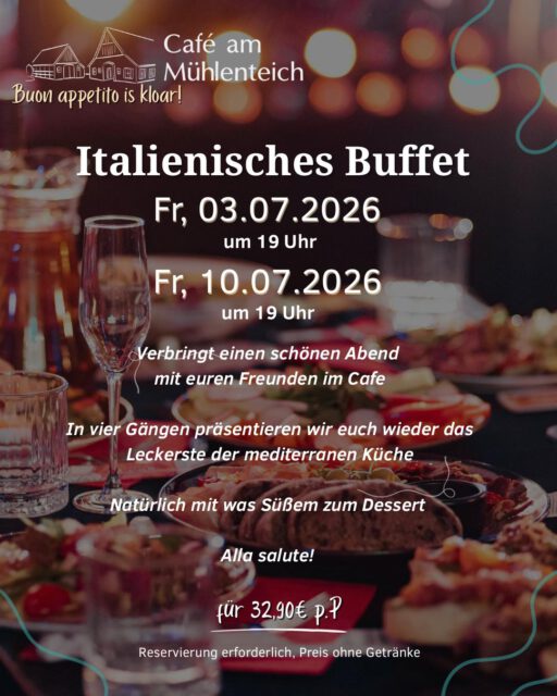 Reserviert euch einen Tisch, schnappt euch eure Freunde und erlebt unser italienisches Buffet hier im Ristorante. ☺️🇮🇹

In vier Gängen könnt ihr verschiedensten Fisch, Fleisch, Antipasti, Gemüse, Salate, Pasta, Desserts und vieles mehr probieren.

Lasst es euch bei einem leckeren Wein oder einem Limoncello-Spritz gutgehen. 

Wir freuen uns auf euch! ☀️