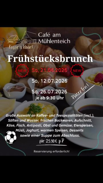 Wir haben beim Frühstücksbrunch am Sonntag noch spontan einige Plätze frei ☕️🥐🧀

Feiert am Samstagabend den Sieg der Nationalmannschaft 🇩🇪 gegen die Elfenbeinküste 🇨🇮und macht euch keine Gedanken, ob ihr alles eingekauft habt für das Frühstück am Sonntagmorgen. ⏰😴

Reserviert euch einen Tisch zum Brunch hier im Café, wir haben alles vorbereitet! 👋

Natürlich könnt ihr auch weiterhin den 12. und 26. Juli reservieren, um lecker in den Tag zu starten.

😎☀️🚲🍽️🥨🍯🍳🧈🍉