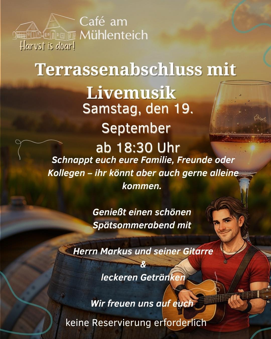 Da hat der Fehlerteufel zugeschlagen 😈, danke für die zahlreichen Hinweise: Es ist natürlich ein Samstag: 

Der Herbst steht in den Startlöchern.🍂🧣

Daher beenden wir die Sommersaison mit unserem dritten Terrassenabschluss, um noch einmal einen schönen Sommerabend mit euch zu verbringen. 🌅🎶🔥🍹🍁

Kommt vorbei, genießt euer Lieblingsgetränk und lauscht der Musik. 
Es wird auch eine Kleinigkeit zu essen geben.

Wir freuen uns auf euch ✌️
