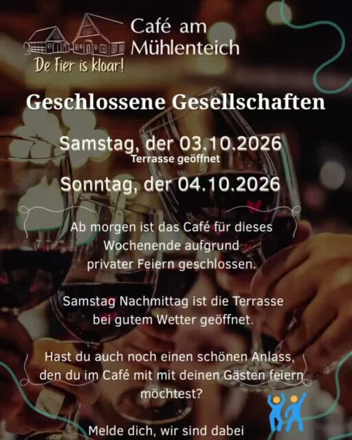 Wir haben dieses Wochenende wieder richtig was zu feiern ☺️ 

Wenn ihr auch eine Feierlichkeit plant, meldet euch gerne. 💃🏽🕺🏽🪩🎂🍾☕️