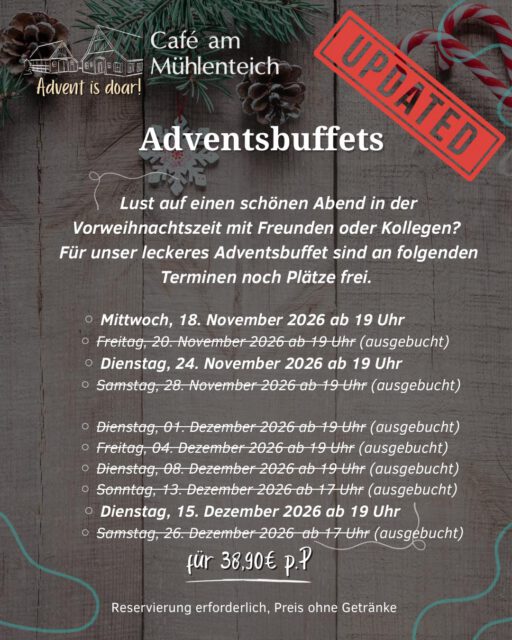 🆕 An diesen 3 Terminen haben wir noch freie Plätze und freuen uns auf euch. ☺️👋

Die anderen Termine sind inzwischen schon ausgebucht. 

Reserviert euch einen Tisch und genießt einen leckeren Abend inklusive Vorspeisen und Desserts 😋🎅🏼🎄🍗🍨